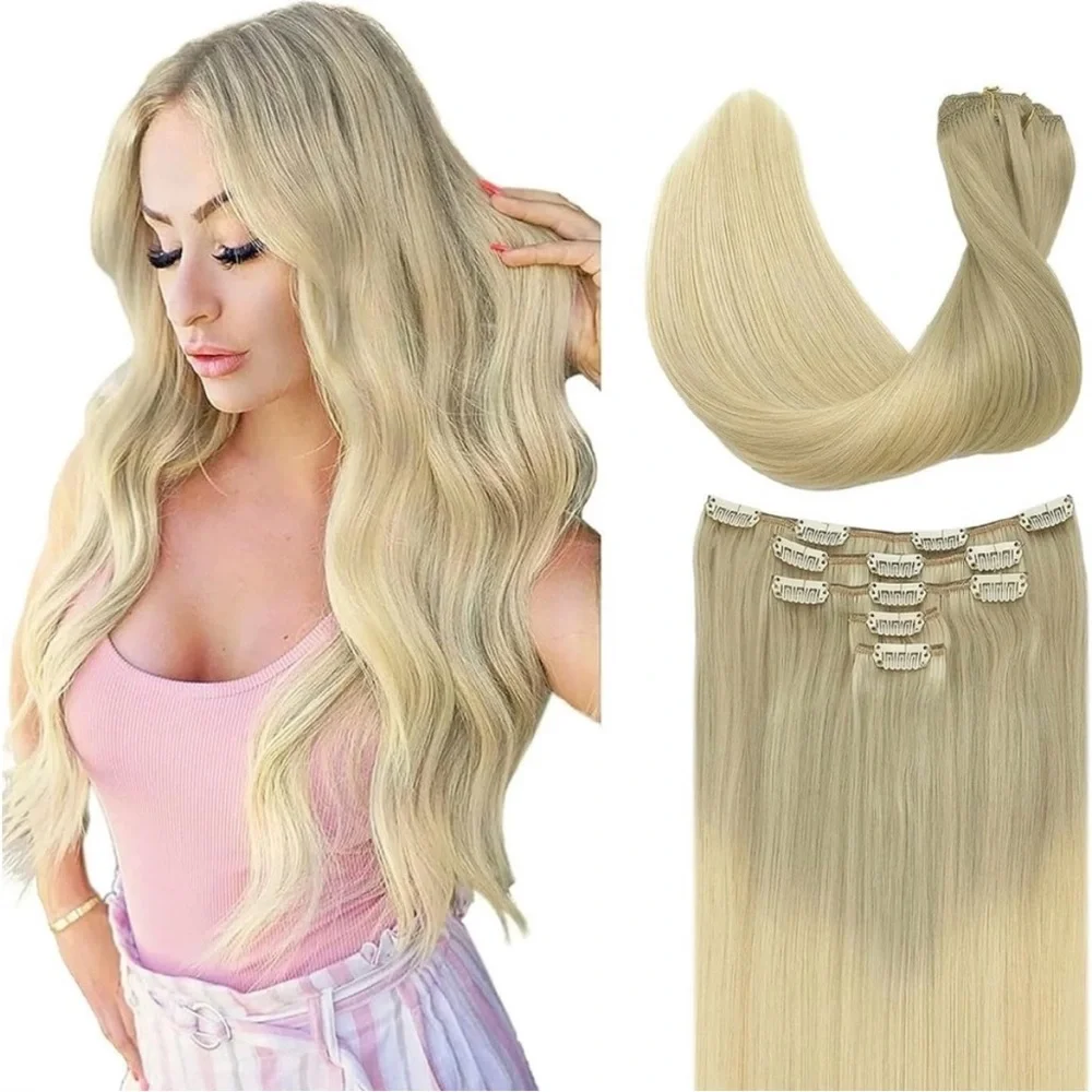 Doores Ash Golden Platinum Blonde Balayage Human Hair 22 Inch Clip In Extensions